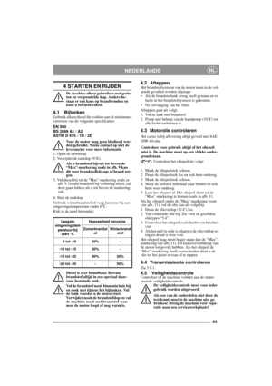 Page 1183
NEDERLANDSNL
4 STARTEN EN RIJDEN
De machine alleen gebruiken met geslo-
ten en vergrendelde kap. Anders be-
staat er een kans op brandwonden en 
kunt u bekneld raken.
4.1 BijtankenGebruik alleen diesel die voldoet aan de minimum-
vereisten van de volgende specificaties:
EN 590
BS 2869 A1 / A2
ASTM D 975 - 1D / 2D
Voor de motor mag geen biodiesel wor-
den gebruikt. Neem contact op met de 
leverancier voor meer informatie.
1. Open de motorkap.
2. Verwijder de tankdop (9:X).
Als u brandstof bijvult tot...