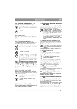 Page 931
PORTUGUÊSPT
2.4.7 Comando do acelerador (4, 5:G)
Comando para regular as rotações do motor.
1. Aceleração máxima – ao utilizar a má-
quina deve usar sempre aceleração máxi-
ma. 
2. Ralenti.
2.4.8 Farol (4, 5:H)
Comando do tipo puxador para ligar e desligar os 
faróis.
2.4.9 Fechadura da ignição (4, 5:I)
O comutador da ignição é utilizado para dar o ar-
ranque/fazer parar o motor. Tem três posições:
1. Posição de paragem – o motor está em 
curto-circuito. A chave pode ser retirada.
2. Posição de...