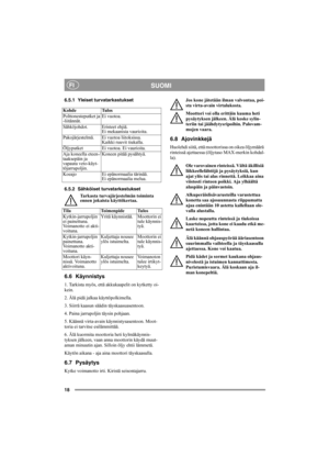 Page 1818
SUOMIFI
6.5.1 Yleiset turvatarkastukset
6.5.2 Sähköiset turvatarkastukset
Tarkasta turvajärjestelmän toiminta 
ennen jokaista käyttökertaa.
6.6 Käynnistys
1. Tarkista myös, että akkukaapelit on kytketty oi-
kein. 
2. Älä pidä jalkaa käyttöpolkimella. 
3. Siirrä kaasun säädin täyskaasuasentoon. 
4. Paina jarrupoljin täysin pohjaan.
5. Käännä virta-avain käynnistysasentoon. Moot-
toria ei tarvitse esilämmittää.
6. Älä kuormita moottoria heti kylmäkäynnis-
tyksen jälkeen, vaan anna moottorin käydä muut-...