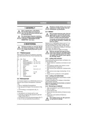 Page 2929
NORSKNO
1 GENERELT
Dette symbolet betyr ADVARSEL. 
Hvis du ikke følger instruksjonene 
nøye, kan det føre til personskade og/el-
ler materiell skade.
Før monteringen begynner må denne 
bruksanvisningen og den medfølgende 
trykksaken SIKKERHETSFOR-
SKRIFTER leses nøye.
2 MONTERING
Maskinen må ikke tas i bruk før alle til-
tak i denne anvisningen er utført. Dette 
for å unngå skade på personer og eien-
dom.
2.1 Tilbehørspose
Med maskinen følger det en plastpose med deler 
som skal monteres før bruk....