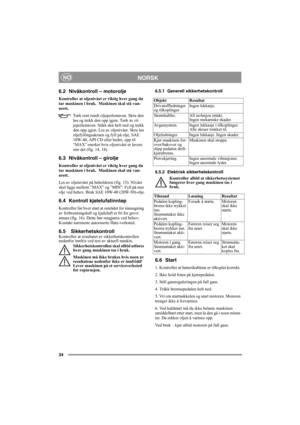 Page 3434
NORSKNO
6.2 Nivåkontroll – motorolje
Kontroller at oljenivået er riktig hver gang du 
tar maskinen i bruk.  Maskinen skal stå van-
nrett.
Tørk rent rundt oljepeilestaven. Skru den 
løs og trekk den opp igjen. Tørk av ol-
jepeilestaven. Stikk den helt ned og trekk 
den opp igjen. Les av oljenivået. Skru løs 
oljefyllingsskruen og fyll på olje, SAE 
10W-40, API CD eller bedre, opp til 
“MAX”-merket hvis oljenivået er lavere 
enn det (fig. 14, 18).
6.3 Nivåkontroll – girolje
Kontroller at oljenivået er...