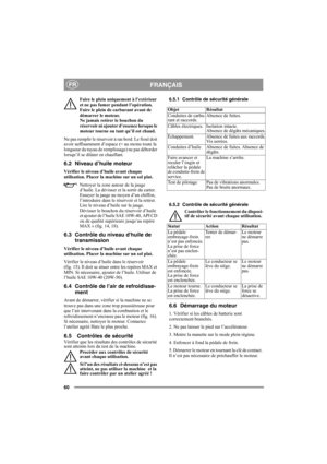 Page 6060
FRANÇAISFR
Faire le plein uniquement à l’extérieur 
et ne pas fumer pendant l’opération.  
Faire le plein de carburant avant de 
démarrer le moteur. 
Ne jamais retirer le bouchon du 
réservoir ni ajouter d’essence lorsque le 
moteur tourne ou tant qu’il est chaud.
Ne pas remplir le réservoir à ras bord. Le fioul doit 
avoir suffisamment d’espace (= au moins toute la 
longueur du tuyau de remplissage) ne pas déborder 
lorsqu’il se dilater en chauffant.
6.2 Niveau d’huile moteur
Vérifier le niveau...