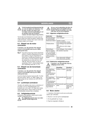 Page 6969
NEDERLANDSNL
Vul de brandstof nooit binnenin huis bij 
en rook niet tijdens het bijtanken. Vul 
de tank voordat u de motor start. 
Verwijder nooit de brandstofdop en vul 
de machine nooit met brandstof 
wanneer de motor loopt of nog warm is.
Vul de tank nooit helemaal tot de rand. Laat een 
zekere ruimte (ten minste de gehele vulbuis) leeg 
zodat de benzine, wanneer deze warm wordt, kan 
uitzetten zonder over te lopen.
6.2 Oliepeil van de motor 
controleren
Controleer voor elk gebruik of het oliepeil...