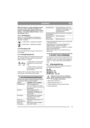 Page 99
SVENSKASE
OBS! Om motorn av någon anledning stannar 
kan inte nyckeln vridas direkt till läge 3 på 
grund av en mekanisk startspärr. För att starta 
motorn - vrid nyckeln tillbaka till läge 1 och se-
dan till läge 2 och 3.
4.3.9 Kraftuttag (G)
Spak för in- och urkoppling av kraftuttag för 
drivning av klippaggregat och frontmonterade 
tillbehör. Två lägen:
1.Främre läget - kraftuttaget urkopplat.
2.Bakre läget - kraftuttaget inkopplat.
4.3.10Timräknare (N)
Visar antal driftstimmar. Fungerar endast när...