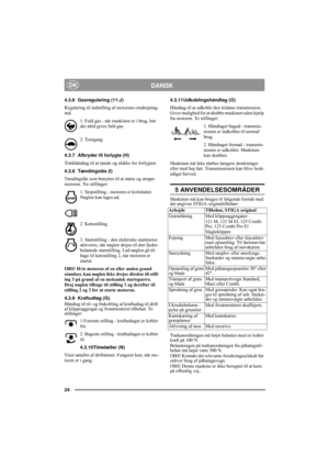 Page 924
DANSKDK
4.3.6 Gasregulering (11:J)
Regulering til indstilling af motorens omdrejning-
stal. 
1. Fuld gas - når maskinen er i brug, bør 
der altid gives fuld gas.
2. Tomgang.
4.3.7 Afbryder til forlygte (H)
Trækhåndtag til at tænde og slukke for forlygten.
4.3.8 Tændingslås (I)
Tændingslås som benyttes til at starte og stoppe 
motoren. Tre stillinger:
1. Stopstilling - motoren er kortsluttet. 
Nøglen kan tages ud.
2. Kørestilling
3. Startstilling - den elektriske startmotor 
aktiveres, når nøglen...