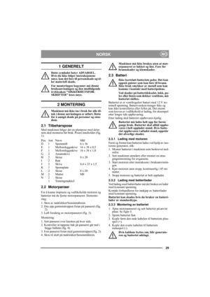 Page 629
NORSKNO
1 GENERELT
Dette symbolet betyr ADVARSEL. 
Hvis du ikke følger instruksjonene 
nøye, kan det føre til personskade og/el-
ler materiell skade.
Før monteringen begynner må denne 
bruksanvisningen og den medfølgende 
trykksaken SIKKERHETSFOR-
SKRIFTER leses nøye.
2 MONTERING
Maskinen må ikke tas i bruk før alle til-
tak i denne anvisningen er utført. Dette 
for å unngå skade på personer og eien-
dom.
2.1 Tilbehørspose
Med maskinen følger det en plastpose med deler 
som skal monteres før bruk....