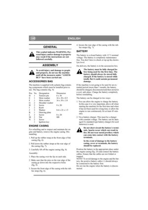 Page 6
ENGLISHGB
GENERAL
This symbol indicates WARNING. Per-
sonal injury and/or damage to property 
may result if the instructions are not 
followed carefully.
ASSEMBLY
To avoid injury and damage to people 
and property, do not use the machine 
until all the measures under “ASSEM-
BLY“ have been carried out.
ACCESSORIES BAG
The machine is supplied with a plastic bag contain-
ing components which must be installed prior to 
use. The bag contains (fig. 5):
Pos. No. Designation Dimension
D 1 Tension pin 6 x 36
E...