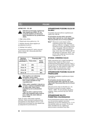 Page 4040
POLSKIPL
ASTM D 975 - 1D / 2D
Zabrania się stosowania rzepakowego 
oleju napędowego (RME). W celu 
uzyskania dodatkowych informacji 
należy skontaktować się z producentem 
silnika.
1. Zdjąć osłonę silnika.
2. Wyjąć korek wlewu paliwa (rys. 14).
3. Napełnić zbiornik olejem napędowym 
przynajmniej do połowy.
4. Zamknąć wlew paliwa.
W temperaturze poniżej 0°C należy stosować 
paliwo zimowe lub z domieszką nafty.Patrz 
poniższa tabela:
Olej napędowy jest substancją 
łatwopalną. Zawsze należy 
przechowywać...