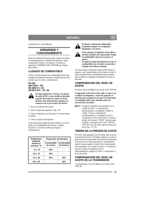 Page 2121
ESPAÑOLES
conducción en vías públicas.
ARRANQUE Y 
FUNCIONAMIENTO
Retire la cubierta del motor para realizar las tareas 
de mantenimiento y llenado del depósito y para 
comprobar el motor y la batería. Consulte el 
apartado CUBIERTA DEL MOTOR que figura 
más arriba.
LLENADO DE COMBUSTIBLE
Utilice exclusivamente un combustible diesel que 
cumpla los requisitos mínimos establecidos por las 
normas que se citan a continuación:
EN 590
DIN 51601 - DK
BS 2869 A1 / A2
ASTM D 975 - 1D / 2D
No haga funcionar...