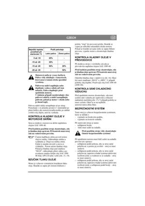 Page 11
CZECHCZ
Motorová nafta je vysoce hořlavá. 
Palivo vždy skladujte v kanystrech, 
které jsou k tomuto ú čelu speciáln ě 
vyrobeny. 
Palivovou nádrž napl ňujte nebo 
dopl ňujte venku a nikdy p ři tom 
neku řte. Palivo dopl ňujte p řed 
spušt ěním motoru. 
V žádném p řípad ě neodstra ňujte víko 
palivové nádrže a nádrž nenapl ňujte 
palivem, pokud je motor v chodu nebo 
je dosud teplý.
Palivou nádrž nikdy nenapl ňujte až po okraj.  
Ponechejte v ní prázdný prostor (= minimáln ě po 
plnicí hrdlo), aby...