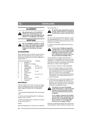 Page 1818
NEDERLANDSNL
ALGEMEEN
Dit symbool geeft een WAARSCHU-
WING weer. Als de instructies niet 
nauwkeurig worden opgevolgd, kan dit 
leiden tot verwondingen en/of schade.
MONTAGE
Om verwondingen en schade te voorko-
men, dient u de machine niet te gebrui-
ken voordat alle onder “MONTAGE” 
aangegeven maatregelen zijn opge-
volgd.
ACCESSOIRES
Bij de machine wordt een plastic tas geleverd met 
daarin alle onderdelen die vóór gebruik gemon-
teerd moeten worden. De tas bevat de volgende on-
derdelen (afb. 1):...