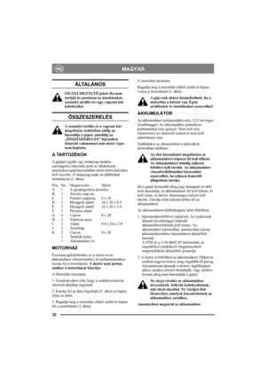 Page 3232
MAGYARHU
ÁLTALÁNOS
FIGYELMEZTETŐ jelzés Ha nem 
tartják be pontosan az utasításokat, 
személyi sérülés és/vagy vagyoni kár 
keletkezhet.
ÖSSZESZERELÉS
A személyi sérülés és a vagyoni kár 
megelőzése érdekében addig ne 
használja a gépet, ameddig az 
„ÖSSZESZERELÉS” fejezetben 
felsorolt valamennyi műveletet végre 
nem hajtotta.
A TARTOZÉKOK
A géppel együtt, egy műanyag tasakba 
csomagolva érkeznek azok az alkatrészek, 
amelyeket a gép használatba vétele előtt a helyükre 
kell szerelni. A műanyag tasak...