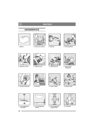 Page 1616
DEUTSCHD
GRUNDSERVICE
13. Schneidaggregat-
Parallelität14. Schneidaggregat-
Messer15. Schneidaggregat-
Lagerbuchsen16. Probefahrt 1. Batterie 2. Elektrisches System 3. Getriebe 4. Riemengetriebe
5. Ölwechsel, Motor 6. Ölfilterwechsel 7. Luftfilterwechsel 8. Abgassystem, 
Katalysator
9. Zündkerzenwechsel 10. Drehzahl 11. Hebel, Pedale 12. Nebenantrieb 