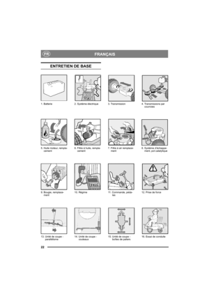 Page 2222
FRANÇAISFR
ENTRETIEN DE BASE
13. Unité de coupe - 
parallélisme14. Unité de coupe - 
couteaux15. Unité de coupe - 
boîtes de paliers16. Essai de conduite 1. Batterie 2. Système électrique 3. Transmission 4. Transmissions par 
courroies
5. Huile moteur, rempla-
cement6. Filtre à huile, rempla-
cement7. Filtre à air remplace-
ment8. Système d’échappe-
ment, pot catalytique
9. Bougie, remplace-
ment10. Régime 11. Commande, péda-
les12. Prise de force 