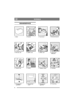 Page 44
SVENSKASE
GRUNDSERVICE
13. Klippaggregat -
parallellitet14. Klippaggregat -
knivar15. Klippaggregat -
lagerboxar16. Provkörning 1. Batteri 2. Elsystem 3. Transmission 4. Remtransmissioner
5. Motorolja, byte 6. Oljefilter, byte 7. Luftfilter, byte 8. Avgassystem, 
Katalysator
9. Tändstift, byte 10. Varvtal 11. Reglage, pedaler 12. Kraftuttag 