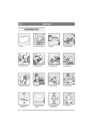 Page 1616
DEUTSCHD
GRUNDSERVICE
13. Schneidaggregat-
Parallelität14. Schneidaggregat-
Messer15. Schneidaggregat-
Lagerbuchsen16. Probefahrt 1. Batterie 2. Elektrisches System 3. Getriebe 4. Riemengetriebe
5. Ölwechsel, Motor 6. Ölfilterwechsel 7. Luftfilterwechsel 8. Abgassystem
9. Zündkerzenwechsel 10. Drehzahl11. Hebel, Pedale 12. Nebenantrieb 