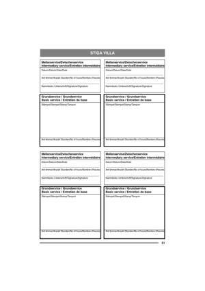 Page 51STIGA VILLA
51
Mellanservice/Zwischenservice
Intermediary service/Entretien intermédiaire
Datum/Datum/Date/Date
Ant timmar/Anzahl Stunden/No of hours/Nombre d’heures
Namnteckn./Unterschrift/Signature/Signature
Grundservice / Grundservice
Basic service / Entretien de base
Stämpel/Stempel/Stamp/Tampon
Ant timmar/Anzahl Stunden/No of hours/Nombre d’heures
Mellanservice/Zwischenservice
Intermediary service/Entretien intermédiaire
Datum/Datum/Date/Date
Ant timmar/Anzahl Stunden/No of hours/Nombre d’heures...