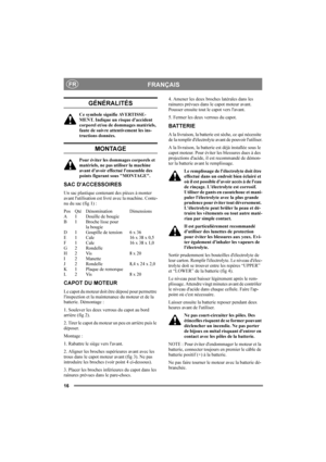 Page 1616
FRANÇAISFR
GÉNÉRALITÉS
Ce symbole signifie AVERTISSE-
MENT. Indique un risque d'accident 
corporel et/ou de dommages matériels, 
faute de suivre attentivement les ins-
tructions données.
MONTAGE
Pour éviter les dommages corporels et 
matériels, ne pas utiliser la machine 
avant d'avoir effectué l'ensemble des 
points figurant sous "MONTAGE".
SAC D'ACCESSOIRES
Un sac plastique contenant des pièces à monter 
avant l'utilisation est livré avec la machine. Conte-
nu du sac (fig...