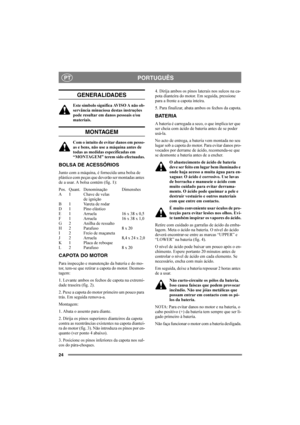 Page 2424
PORTUGUÊSPT
GENERALIDADES
Este símbolo significa AVISO A não ob-
servância minuciosa destas instruções 
pode resultar em danos pessoais e/ou 
materiais.
MONTAGEM
Com o intuito de evitar danos em pesso-
as e bens, não use a máquina antes de 
todas as medidas especificadas em 
“MONTAGEM” terem sido efectuadas.
BOLSA DE ACESSÓRIOS
Junto com a máquina, é fornecida uma bolsa de 
plástico com peças que deverão ser montadas antes 
de a usar. A bolsa contém (fig. 1):
Pos. Quant. Denominação Dimensões
A 1...