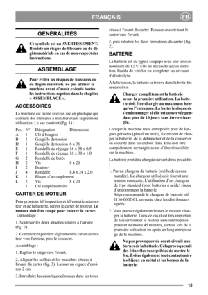 Page 1515
FRANÇAISFR
GÉNÉRALITÉS
Ce symbole est un AVERTISSEMENT. 
Il existe un risque de blessure ou de dé-
gâts matériels en cas de non-respect des 
instructions.
ASSEMBLAGE
Pour éviter les risques de blessures ou 
de dégâts matériels, ne pas utiliser la 
machine avant d’avoir exécuté toutes 
les instructions reprises dans le chapitre 
« ASSEMBLAGE ».
ACCESSOIRES
La machine est livrée avec un sac en plastique qui 
contient des éléments à installer avant la première 
utilisation. Le sac contient (fig. 1) :...