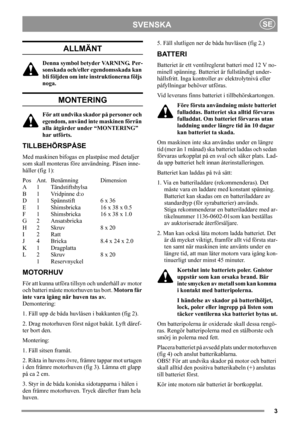 Page 33
SVENSKASE
ALLMÄNT
Denna symbol betyder VARNING. Per-
sonskada och/eller egendomsskada kan 
bli följden om inte instruktionerna följs 
noga.
MONTERING
För att undvika skador på personer och 
egendom, använd inte maskinen förrän 
alla åtgärder under “MONTERING” 
har utförts.
TILLBEHÖRSPÅSE
Med maskinen bifogas en plastpåse med detaljer 
som skall monteras före användning. Påsen inne-
håller (fig 1):
Pos Ant. Benämning Dimension
A1Tändstiftshylsa
B1Vridpinne d:o
D1Spännstift 6 x 36
E1Shimsbricka16 x 38 x...