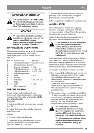 Page 2525
POLSKIPL
INFORMACJE OGÓLNE
Ten symbol oznacza OSTRZEŻENIE. 
W razie niedokładnego zastosowania 
się do instrukcji może dojść do obrażeń 
ciała i/lub uszkodzenia mienia.
MONTAŻ
W celu uniknięcia obrażeń ciała lub 
uszkodzenia mienia nie wolno używać 
maszyny, dopóki nie zostaną 
przeprowadzone wszystkie czynności 
opisane w rozdziale “MONTAŻ“.
WYPOSAŻENIE DODATKOWE
Maszyna ta wyposażona jest w worek plastikowy, 
zawierający komponenty, które należy 
zainstalować przed użyciem. Worek zawiera 
(rys. 1):...