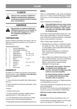 Page 55
SUOMIFIN
YLEISTÄ
Tämä kuvake tarkoittaa VAROITUS. 
Ohjeiden noudattamatta jättäminen 
voi aiheuttaa tapaturman ja/tai omaisu-
uden vaurioitumisen.
ASENNUS
Tapaturmien ja omaisuusvahinkojen 
välttämiseksi konetta ei saa käyttää en-
nen kuin kaikki kappaleessa ASEN-
NUS mainitut toimenpiteet on 
suoritettu.
TARVIKEPUSSI
Koneen mukana toimitetaan muovipussi, joka sis-
ältää ennen käyttöä asennettavat osat. Pussin sis-
ältö (kuva 1):
PaikkaMääräNimitys Mitat
A1Sytytystulppahylsy
B1Vääntötappi edelliseen...