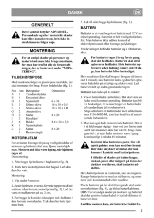 Page 77
DANSKDK
GENERELT
Dette symbol betyder ADVARSEL. 
Personskade og/eller materielle skader 
kan blive konsekvensen, hvis ikke in-
struktionerne følges nøje.
MONTERING
For at undgå skader på personer og 
materiel må man ikke bruge maskinen, 
før man har truffet alle de foranstalt-
ninger, der er beskrevet under “MON-
TERING”.
TILBEHØRSPOSE
Med maskinen følger en plasticpose med dele, der 
skal monteres for brug. Posen indeholder (fig. 1):
Pos Ant. Betegnelse Dimension
A1Tændrørshylster
B1Drejepind ditto...