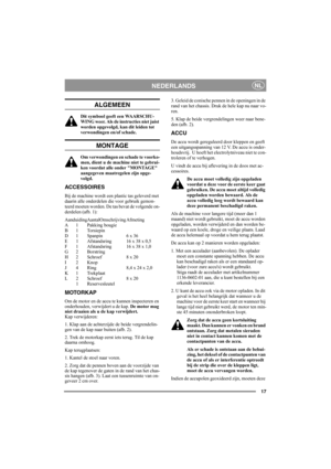 Page 1717
NEDERLANDSNL
ALGEMEEN
Dit symbool geeft een WAARSCHU-
WING weer. Als de instructies niet juist 
worden opgevolgd, kan dit leiden tot 
verwondingen en/of schade.
MONTAGE
Om verwondingen en schade te voorko-
men, dient u de machine niet te gebrui-
ken voordat alle onder MONTAGE 
aangegeven maatregelen zijn opge-
volgd.
ACCESSOIRES
Bij de machine wordt een plastic tas geleverd met 
daarin alle onderdelen die voor gebruik gemon-
teerd moeten worden. De tas bevat de volgende on-
derdelen (afb. 1):...