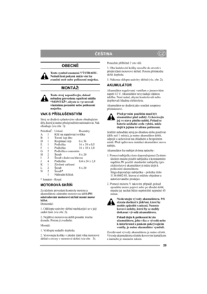 Page 2929
ČEŠTINACZ
OBECNĚ
Tento symbol znamená VÝSTRAHU. 
Nedodržení pokynů může vést ke 
zranění osob nebo poškození majetku.
MONTÁŽ:
Tento stroj nepoužívejte, dokud 
nebudou provedena opatření oddílu 
“MONTÁŽ“, abyste se vyvarovali 
vlastnímu poranění nebo poškození 
majetku.
VA K  S  PŘÍSLUŠENSTVÍM
Stroj se dodává s plastovým vakem obsahujícím 
díly, které je nutno před použitím nainstalovat. Vak 
obsahuje (viz obr. 1):
PoložkaČ.Určení Rozměry
A1 Klíč na zapalovací svíčku
B 1 Torzní čep dtto
D 1 Rozpínací...