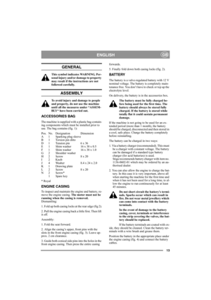 Page 1313
ENGLISHGB
GENERAL
This symbol indicates WARNING. Per-
sonal injury and/or damage to property 
may result if the instructions are not 
followed carefully.
ASSEMBLY
To avoid injury and damage to people 
and property, do not use the machine 
until all the measures under “ASSEM-
BLY“ have been carried out.
ACCESSORIES BAG
The machine is supplied with a plastic bag contain-
ing components which must be installed prior to 
use. The bag contains (fig. 1):
Pos. No. Designation Dimension
A 1 Sparking plug...