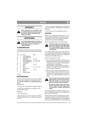 Page 99
NORSKNO
GENERELT
Dette symbolet betyr ADVARSEL. Der-
som du ikke følger instruksjonene nøye, 
kan det føre til personskade og/eller 
skade på eiendom.
MONTERING
For å unngå skader på personer eller ei-
endom, må du ikke bruke maskinen før 
du har gjort alt som er beskrevet i 
“MONTERING”.
TILBEHØRSPOSE
Med maskinen følger det en plastpose med deler 
som skal monteres før bruk. Posen inneholder (fig 
1):
Pos Ant. Navn Mål
A 1 Tennplugghylse
B 1 Dreiepinne ditto
D 1 Spennstift 6 x 36
E 1 Mellomleggsskive...