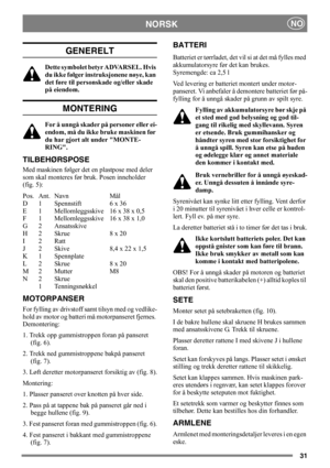 Page 3131
NORSKNO
GENERELT
Dette symbolet betyr ADVARSEL. Hvis 
du ikke følger instruksjonene nøye, kan 
det føre til personskade og/eller skade 
på eiendom.
MONTERING
For å unngå skader på personer eller ei-
endom, må du ikke bruke maskinen før 
du har gjort alt under MONTE-
RING.
TILBEHØRSPOSE
Med maskinen følger det en plastpose med deler 
som skal monteres før bruk. Posen inneholder 
(fig. 5):
Pos. Ant. Navn Mål
D 1 Spennstift 6 x 36
E 1 Mellomleggsskive 16 x 38 x 0,5
F 1 Mellomleggsskive 16 x 38 x 1,0
G 2...