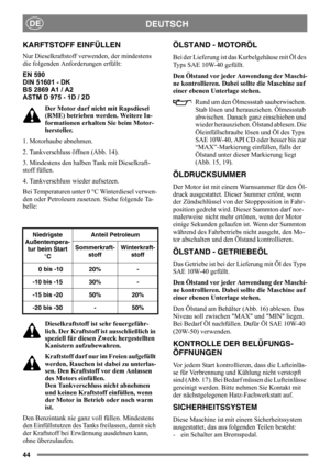 Page 4444
DEUTSCHDE
KARFTSTOFF EINFÜLLEN
Nur Dieselkraftstoff verwenden, der mindestens 
die folgenden Anforderungen erfüllt:
EN 590
DIN 51601 - DK
BS 2869 A1 / A2
ASTM D 975 - 1D / 2D
Der Motor darf nicht mit Rapsdiesel 
(RME) betrieben werden. Weitere In-
formationen erhalten Sie beim Motor-
hersteller.
1. Motorhaube abnehmen.
2. Tankverschluss öffnen (Abb. 14).
3. Mindestens den halben Tank mit Dieselkraft-
stoff füllen. 
4. Tankverschluss wieder aufsetzen.
Bei Temperaturen unter 0 °C Winterdiesel verwen-...