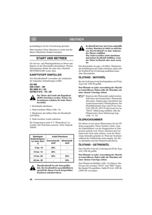 Page 4444
DEUTSCHDE
portanhängers mit der Versicherung sprechen.
Bitte beachten! Diese Maschine ist nicht zum Be-
fahren öffentlicher Straßen bestimmt.
START UND BETRIEB
Für Service- und Wartungsarbeiten an Motor und 
Batterie ist die Motorhaube abzunehmen. Weitere 
Informationen finden Sie unter dem Abschnitt 
MOTORHAUBE weiter oben.
KARFTSTOFF EINFÜLLEN
Nur Dieselkraftstoff verwenden, der mindestens 
die folgenden Anforderungen erfüllt:
EN 590
DIN 51601 - DK
BS 2869 A1 / A2
ASTM D 975 - 1D / 2D
Der Motor darf...