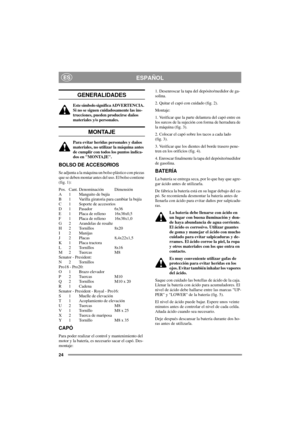 Page 2424
ESPAÑOLES
GENERALIDADES
Este símbolo significa ADVERTENCIA.
Si no se siguen cuidadosamente las ins-
trucciones, pueden producirse daños
materiales y/o personales.
MONTAJE
Para evitar heridas personales y daños
materiales, no utilizar la máquina antes
de cumplir con todos los puntos indica-
dos en MONTAJE.
BOLSO DE ACCESORIOS
Se adjunta a la máquina un bolso plástico con piezas
que se deben montar antes del uso. El bolso contiene
(fig. 1):
Pos. Cant. Denominación Dimensión
A 1 Manguito de bujía
B 1...