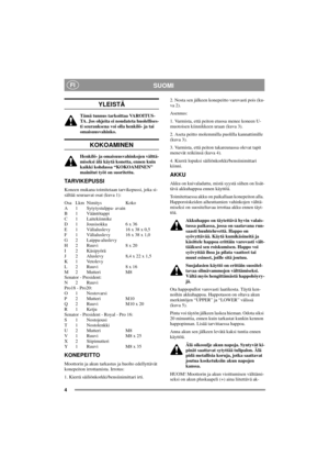 Page 44
SUOMIFI
YLEISTÄ
Tämä tunnus tarkoittaa VAROITUS-
TA. Jos ohjeita ei noudateta huolellises-
ti seurauksena voi olla henkilö- ja tai
omaisuusvahinko.
KOKOAMINEN
Henkilö- ja omaisuusvahinkojen välttä-
miseksi älä käytä konetta, ennen kuin
kaikki kohdassa “KOKOAMINEN”
mainitut työt on suoritettu.
TARVIKEPUSSI
Koneen mukana toimitetaan tarvikepussi, joka si-
sältää seuraavat osat (kuva 1):
Osa Lkm Nimitys Koko
A 1 Sytytystulppa- avain
B 1 Vääntötappi
C 1 Laitekiinnike
D 1 Jousisokka 6 x 36
E 1 Välialuslevy...