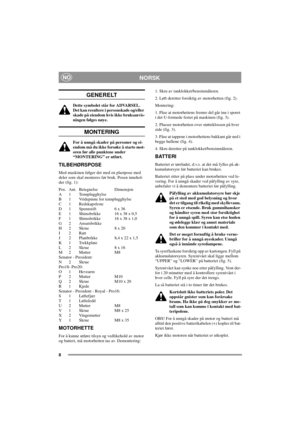 Page 88
NORSKNO
GENERELT
Dette symbolet står for ADVARSEL.
Det kan resultere i personskade og/eller
skade på eiendom hvis ikke bruksanvis-
ningen følges nøye.
MONTERING
For å unngå skader på personer og ei-
endom må du ikke forsøke å starte mot-
oren før alle punktene under
“MONTERING” er utført.
TILBEHØRSPOSE
Med maskinen følger det med en plastpose med
deler som skal monteres før bruk. Posen innehol-
der (fig. 1):
Pos. Ant. Betegnelse Dimensjon
A 1 Tennplugghylse
B 1 Vridepinne for tennplugghylse
C 1...