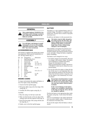 Page 1515
ENGLISHGB
GENERAL
This symbol indicates WARNING. Per-
sonal injury and/or damage to property 
may result if the instructions are not 
followed carefully.
ASSEMBLY
To avoid injury and damage to people 
and property, do not use the machine 
until all the measures under “ASSEM-
BLY” have been carried out.
ACCESSORIES BAG
The machine is supplied with a plastic bag contain-
ing components which must be installed prior to 
use. The bag contains (fig. 1):
Pos. No. Designation Dimension
A1Sparking plug...