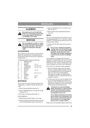 Page 1919
NEDERLANDSNL
ALGEMEEN
Dit symbool geeft een WAARSCHU-
WING weer. Als de instructies niet juist 
worden opgevolgd kan dit leiden tot 
verwondingen en/of schade.
MONTAGE
Om verwondingen en schade te voorko-
men, dient u de machine niet te gebrui-
ken voordat alle onder MONTAGE 
aangegeven maatregelen zijn opge-
volgd.
ACCESSOIRES
Bij de machine wordt een plastic tas geleverd met 
daarin alle onderdelen die voor gebruik gemon-
teerd moeten worden. De tas bevat de volgende on-
derdelen (afb.1):...