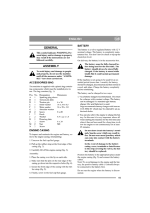 Page 1515
ENGLISHGB
GENERAL
This symbol indicates WARNING. Per-
sonal injury and/or damage to property 
may result if the instructions are not 
followed carefully.
ASSEMBLY
To avoid injury and damage to people 
and property, do not use the machine 
until all the measures under “ASSEM-
BLY” have been carried out.
ACCESSORIES BAG
The machine is supplied with a plastic bag contain-
ing components which must be installed prior to 
use. The bag contains (fig. 1):
Pos. No. Designation Dimension
A 1 Sparking plug...