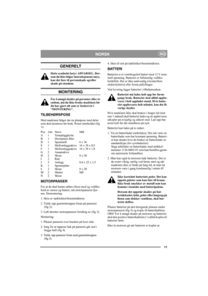 Page 1111
NORSKNO
GENERELT
Dette symbolet betyr ADVARSEL. Der-
som du ikke følger instruksjonene nøye, 
kan det føre til personskade og/eller 
skade på eiendom.
MONTERING
For å unngå skader på personer eller ei-
endom, må du ikke bruke maskinen før 
du har gjort alt som er beskrevet i 
“MONTERING”.
TILBEHØRSPOSE
Med maskinen følger det en plastpose med deler 
som skal monteres før bruk. Posen inneholder (fig 
1):
Pos Ant. Navn Mål
A 1 Tennplugghylse
B 1 Dreiepinne ditto
D 1 Spennstift 6 x 36
E 1...