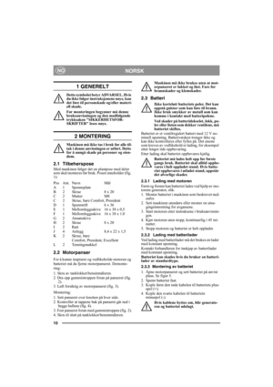 Page 1010
NORSKNO
1 GENERELT
Dette symbolet betyr ADVARSEL. Hvis 
du ikke følger instruksjonene nøye, kan 
det føre til personskade og/eller materi-
ell skade.
Før monteringen begynner må denne 
bruksanvisningen og den medfølgende 
trykksaken SIKKERHETSFOR-
SKRIFTER leses nøye.
2 MONTERING
Maskinen må ikke tas i bruk før alle til-
tak i denne anvisningen er utført. Dette 
for å unngå skade på personer og eien-
dom.
2.1 Tilbehørspose
Med maskinen følger det en plastpose med deler 
som skal monteres før bruk....