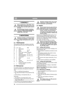 Page 4
10
NORSKNO
1 GENERELT
Dette symbolet betyr ADVARSEL. Hvis 
du ikke følger instruksjonene nøye, kan 
det føre til personskade og/eller materi-
ell skade.
Før monteringen begynner må denne 
bruksanvisningen og den medfølgende 
trykksaken SIKKERHETSFOR-
SKRIFTER leses nøye.
2 MONTERING
Maskinen må ikke tas i bruk før alle til-
tak i denne anvisningen er utført. Dette 
for å unngå skade på personer og eien-
dom.
2.1 Tilbehørspose
Med maskinen følger det en plastpose med deler 
som skal monteres før bruk....