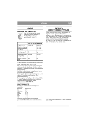 Page 14
NORSKNO
ØVRIG
NORDISK MILJØMERKINGPark Pro 20 Cat og Park Royal 
oppfyller kravene i henhold til 
Nordisk Miljømerking av 
gressklippere, versjon 2.
 
[*]  C
2: Maskiner som er beregnet på profesjonell 
bruk.  Slagvolum større enn 225 cm3
Når maskinen etter mange års tjeneste trenger å 
skiftes ut eller det ikke lenger er behov for den, 
anbefaler vi at den leveres tilbake til forhandleren 
for gjenvinning.
Kast ikke brukte batterier i søppelkassen. Lever 
dem til en gjenvinningsstasjon.
Samle opp all...