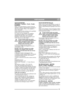 Page 3131
PORTUGUESEPT
ÓLEO DE MOTOR 
(President - Comfort - Pro16 - Pro20 - 
Excellent)
Mude o óleo pela primeira vez após 5 horas de 
operação e, depois, a cada 50 horas de operação ou 
uma vez por estação. Mude o óleo enquanto o 
motor está quente.
Utilize sempre um óleo sintético de boa qualidade 
(classe de serviço SF, SG ou SH).
Se o motor tiver que trabalhar em condições 
extremamente pesadas ou se a temperatura 
ambiente for alta, mude o óleo com mais 
frequência, cada 25 horas de operação ou pelo...