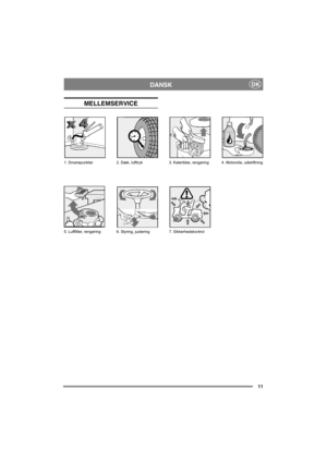 Page 1111
DANSKDK
MELLEMSERVICE
1. Smørepunkter 2. Dæk, lufttryk 3. Køleribbe, rengøring  4. Motorolie, udskiftning
7. Sikkerhedskontrol 5. Luftfilter, rengøring 6. Styring, justering 