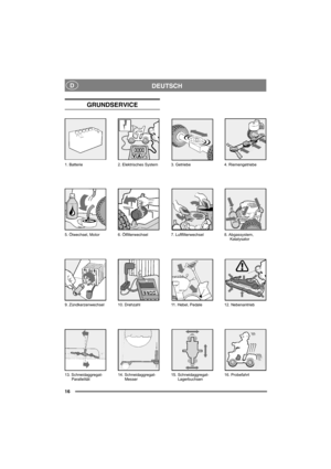 Page 1616
DEUTSCHD
GRUNDSERVICE
13. Schneidaggregat-
Parallelität14. Schneidaggregat-
Messer15. Schneidaggregat-
Lagerbuchsen16. Probefahrt 1. Batterie 2. Elektrisches System 3. Getriebe 4. Riemengetriebe
5. Ölwechsel, Motor 6. Ölfilterwechsel 7. Luftfilterwechsel 8. Abgassystem, 
Katalysator
9. Zündkerzenwechsel 10. Drehzahl11. Hebel, Pedale 12. Nebenantrieb 