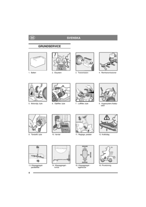 Page 44
SVENSKASE
GRUNDSERVICE
13. Klippaggregat-
parallellitet14. Klippaggregat - 
knivar15. Klippaggregat - 
lagerboxar16. Provkörning 1. Batteri 2. Elsystem 3. Transmission 4. Remtransmissioner
5. Motorolja, byte 6. Oljefilter, byte 7. Luftfilter, byte 8. Avgassystem,Kataly-
sator
9. Tändstift, byte 10. Varvtal 11.  Reglage, pedaler 12. Kraftuttag 