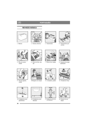 Page 3434
PORTUGUÊSPT
REVISÃO BÁSICA
13. Unidade de corte – 
paralelismo14. Unidade de corte - 
lâminasr
1. Bateria 2. Sistema eléctrico 3. Transmissão 4. Transmissões por 
correia
5. Óleo do motor, 
mudar6. Filtro do óleo, mu-
dar7. Filtro do ar, mudar 8. Sistema de escape, 
catalisador
9. Vela de ignição, 
mudar10.Regime de rotação 11. Comandos, pedais 12. Tomada de força
15. Unidade de cortecaixas 
de rolamentos16. Ensaio de con-
dução 